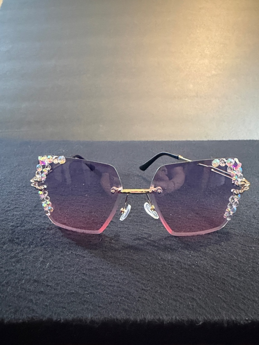 Rhinestone Accent Pink Gradient Rimless Sunglasses - Picture 5 of 5